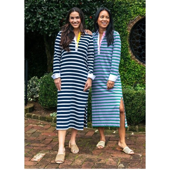 August Morgan Sutton Striped Polo MIDI Dress Size XS Navy White - Picture 1 of 11
